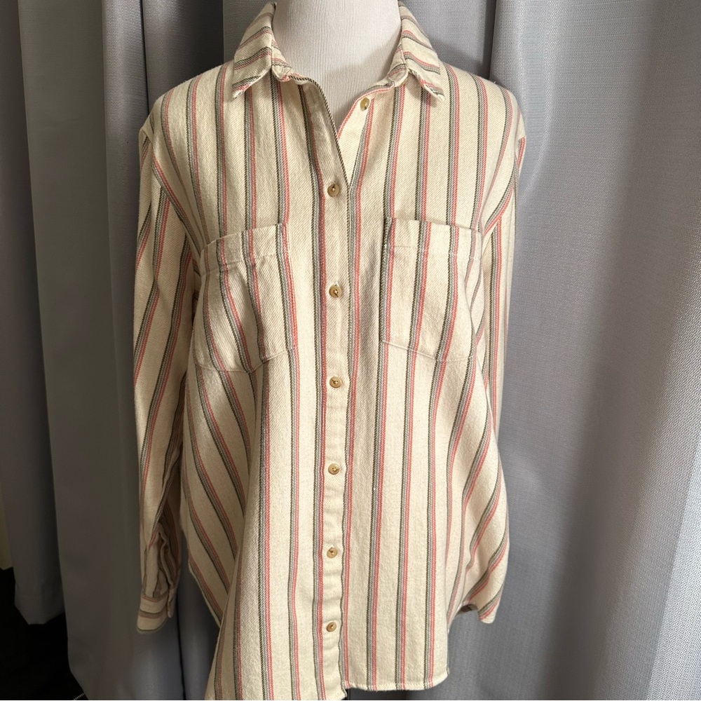 Madewell Cream Button-Up Shirt with Red & Green Stripes